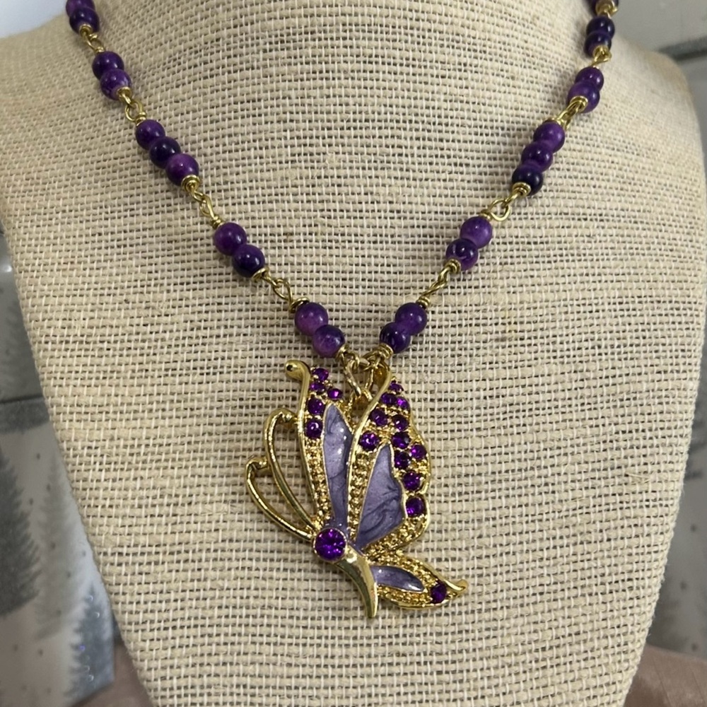 Vintage-Inspired Purple and Gold Amethyst Butterfly Necklace